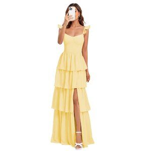 Dessiny Long Chiffon Spaghetti Straps Ruched Dress Long Tiered  Ruffles Yellow 4